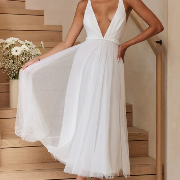 Selfie Leslie Floating By Plunging Neckline Tulle Mesh Overlay Midi Dress White - Picture 2 of 9